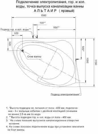 Aquatek Альтаир ванна акриловая асимметричная с гидромассажем правая (Koller форсунки) фото 5
