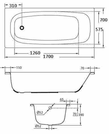 BLB Universal HG 170х70 ванна стальная, без ножек, с отверстиями для ручек, белая фото 2