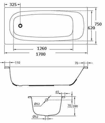 BLB Universal HG 170х75 ванна стальная, без ножек, с отверстиями для ручек, белая фото 2