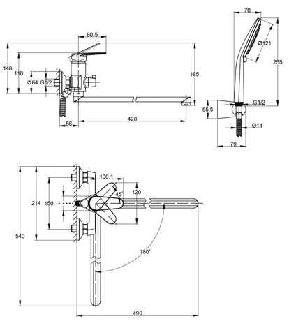 Cersanit Lara смеситель для ванны с душем однорычажный, черный, с длинным изливом фото 2