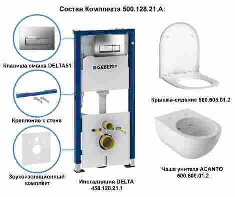 Geberit Acanto Комплект подвесного безободкового унитаза с инсталляцией Delta, сиденьем Slim плавное опускание, клавишей Delta 21 глянцевый хром фото 3