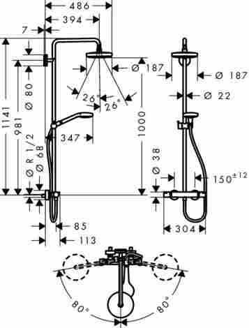 Hansgrohe Crometta S Showerpipe 180 2jet EcoSmart душевой гарнитур термостатический, настенный с ручным и верхним душем 27254400 фото 2