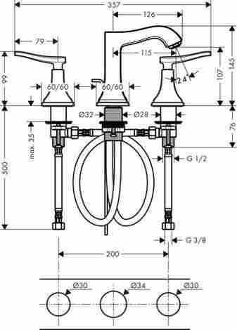 Hansgrohe Metropol Classic Смеситель для раковины, на 3 отверстия, хром/золото 31330090 фото 2