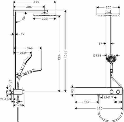 Hansgrohe Raindance E Showerpipe 300 1jet с ShowerTablet 600 душевой гарнитур термостатический, настенный с ручным и верхним душем 27363000 фото 2