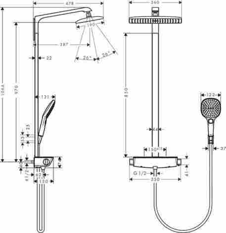 Hansgrohe Raindance E Showerpipe 360 1jet душевой гарнитур термостатический, настенный с ручным и верхним душем/Белый-Хром 27112400 фото 2