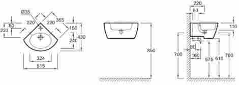 Jacob Delafon Ove 36,5x36,5 Раковина подвесная угловая с отверстием под смеситель E1566-00 фото 2