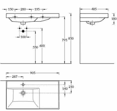 Kerama Marazzi Cubo 90 Раковина подвесная/встраиваемая с отверстием под смеситель, левая фото 2