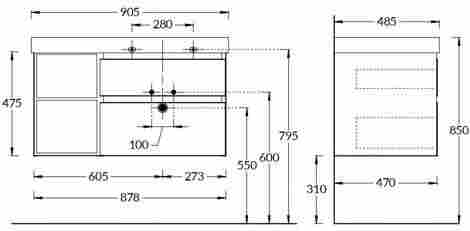 Kerama Marazzi Cubo 90 Тумба под раковину подвесная, мальва матовая-древесная, правая фото 2