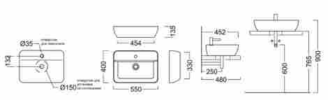 Kerama Marazzi Plaza Next 55х36 Раковина накладная без отверстия под смеситель фото 2