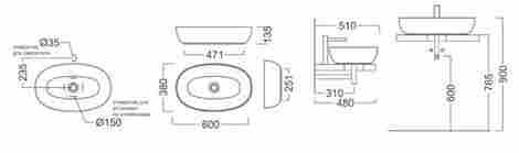 Kerama Marazzi Plaza Next 60х38 Раковина накладная без отверстия под смеситель фото 2