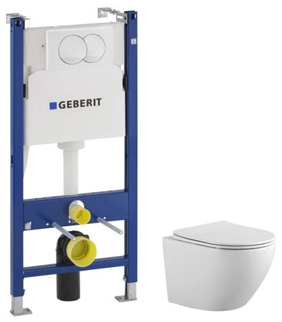 Aquatek Комплект подвесного безободкового унитаза Европа с инсталляцией Geberit 5в1(инсталляция-кнопка белая-крепеж-унитаз-крышка) фото 1