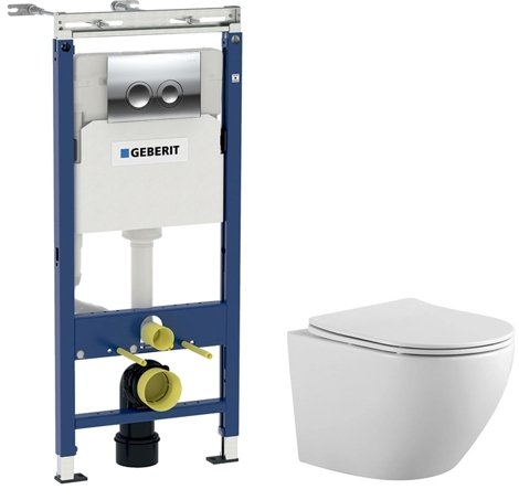 Aquatek Комплект подвесного безободкового унитаза Европа с инсталляцией Geberit 5в1(инсталляция-кнопка хром-крепеж-унитаз-крышка) фото 1